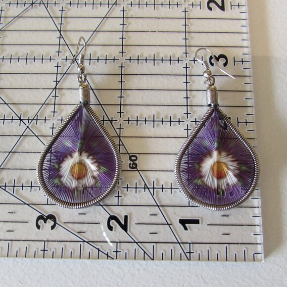 Purple Floral Woven String Art Dangle Earrings Silver Tone - Picture 7 of 8